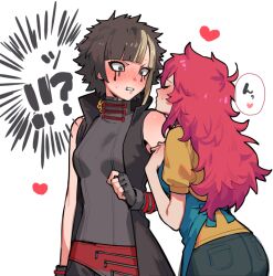 !? 2girls apron black_eyeliner black_hair black_pants blue_apron egokoro_nao embarrassed eyeliner grey_shirt heart kimi_ga_shine makeup multiple_girls pants pink_hair shirt short_hair speech_bubble white_background yabusame_reko yellow_shirt yuri zoo_(oukakumaku)