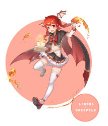 1girl absurdres azusaec blush book bow bowtie cape capelet crystal fire fur_skirt highres magical_girl medium_hair open_mouth original red_bow red_bowtie red_eyes red_hair shoes smile thighhighs vampire white_thighhighs wings
