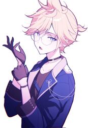 1boy adjusting_clothes adjusting_gloves art_waven bespectacled black-framed_eyewear black_choker black_gloves black_shirt blonde_hair blue_jacket bracelet bright_pupils chain chain_necklace choker chromatic_aberration collarbone commentary_request film_grain glasses gloves grey_eyes half_gloves hands_up highres jacket jewelry kagamine_len long_sleeves looking_at_viewer lower_teeth_only male_focus necklace open_clothes open_jacket open_mouth ponytail project_sekai round_eyewear shirt short_ponytail simple_background solo teeth tongue upper_body vocaloid white_background white_pupils