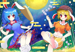 2girls animal_ears bamboo barefoot blonde_hair bloomers blue_dress blue_hair blush breasts brown_headwear cabbie_hat closed_mouth collarbone commentary_request crescent_print crop_top crossed_legs dress floppy_ears food foot_out_of_frame frills full_moon hat highres holding holding_mallet kine long_hair looking_at_viewer low_twintails mallet midriff mochi mochi_trail moon multiple_girls navel night night_sky no_shoes orange_shirt orange_shorts outdoors puffy_short_sleeves puffy_sleeves rabbit_ears red_eyes ringo_(touhou) seiran_(touhou) shirt short_hair short_sleeves shorts sky small_breasts smile star_(sky) star_(symbol) star_print touhou twintails underwear white_bloomers white_legwear yuujin_(yuzinn333)