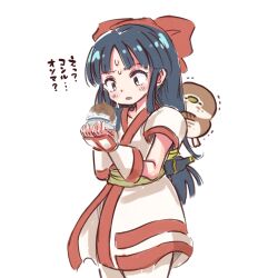 Rule 34 | 1girl, alternate hairstyle, blue hair, breasts, brown eyes, fingerless gloves, food, gloves, hair ribbon, highres, long hair, mamahaha, nakoruru, nervous sweating, open mouth, pants, ribbon, samurai spirits, small breasts, snk, sweat, sweatdrop, the king of fighters, tongue, translation request, weapon