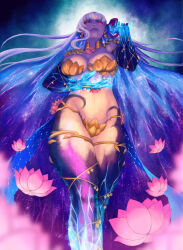 1girl armor axirokko bikini_armor blue_hair breasts fate/grand_order fate_(series) flower from_below highres kama_(fate) kama_(third_ascension)_(fate) large_breasts long_hair lotus pink_flower red_eyes solo very_long_hair white_hair
