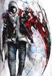 1boy alex_mercer arm_blade black_jacket blade_arm denim face_in_shadow facing_viewer feet_out_of_frame full_body highres hood hood_up hoodie jacket jeans kyezzzz long_sleeves male_focus pants prototype_(game) shaded_face solo standing weapon white_hood white_hoodie