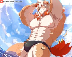 1boy abs arknights artist_logo bara black_male_swimwear blue_sky blush bulge cloud colored_tips commentary diffraction_spikes english_commentary from_below furry furry_male highres horns hung_(arknights) komainu_boy komainu_ears komainu_tail leoandaslan_(leobongnana) logo looking_at_viewer looking_down male_focus male_swimwear multicolored_hair muscular muscular_male navel nipples ocean one_eye_closed patreon_username pectorals single_horn sky smile swim_briefs topless_male wading water_drop