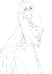 1girl ahoge apron ass bare_shoulders blonde_hair blush breasts frilled_apron frills gyaru highres holding holding_ladle kadenden ladle large_breasts long_hair naked_apron navel open_mouth shikishima_mirei sideboob simple_background solo valkyrie_drive valkyrie_drive_-mermaid- very_long_hair