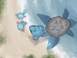 Rule 34 | day, from above, gen 1 pokemon, gen 2 pokemon, highres, lapras, nintendo, no humans, outdoors, panha, pokemon, pokemon (creature), sand, water, wooper