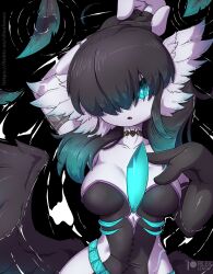 1girl afloat alternate_color alternate_shiny_pokemon arm_up armlet asymmetrical_gloves black_background black_choker black_gloves black_hair black_leotard black_wings blue_eyes blue_feathers blue_hair breasts bright_pupils choker collarbone elbow_gloves feathered_wings feathers female_focus fingerless_gloves from_above gardevoir gen_3_pokemon gloves glowing glowing_eyes gradient_hair hair_over_one_eye hand_on_own_chest hand_up highres jewelry leotard long_hair looking_at_viewer low_wings lying medium_breasts multicolored_hair nintendo on_back one_eye_covered open_mouth pokemon pokemon_(creature) purple_trim rilex_lenov ripples sidelocks solo strapless strapless_leotard two-tone_hair uneven_gloves white_pupils wings