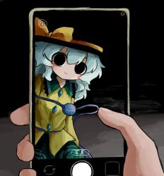 1girl 1other black_eyes black_hat buttons camera_phone diamond_button eyeball floral_print frilled_shirt_collar frilled_sleeves frills green_hair green_skirt hat hat_ribbon heripantomorrow holding holding_phone komeiji_koishi night outdoors phone pov ribbon rose_print shirt skirt smile third_eye touhou yellow_ribbon yellow_shirt