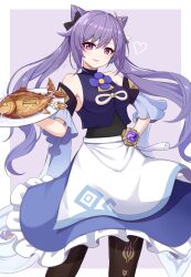 1girl apron bare_shoulders black_pantyhose blush braid breasts cone_hair_bun detached_sleeves diamond-shaped_pupils diamond_(shape) double_bun dress food genshin_impact hair_bun hair_ears hair_ornament heart highres keqing_(genshin_impact) long_hair looking_at_viewer medium_breasts pantyhose plate purple_dress purple_eyes purple_hair qixi_cui_xing smile solo survival_grilled_fish_(genshin_impact) symbol-shaped_pupils twintails vision_(genshin_impact)