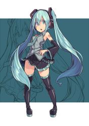 1girl aqua_eyes aqua_hair black_thighhighs detached_sleeves female_focus hatsune_miku headset long_hair necktie saltydanshark shiny_clothes skirt solo thighhighs twintails vocaloid zettai_ryouiki zoom_layer