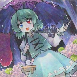 1girl artist_name blue_eyes blue_hair blue_skirt blue_vest commentary dated flower flower_request hashtag-only_commentary heterochromia holding holding_umbrella juliet_sleeves karakasa_obake long_sleeves maa_(forsythia1729) medium_hair open_mouth pink_flower puffy_sleeves purple_umbrella rain red_eyes skirt smile solo tatara_kogasa tongue touhou traditional_media twitter_username umbrella vest watermark