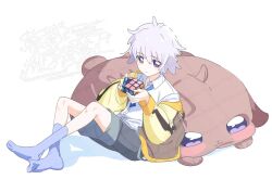 Rule 34 | 1boy, ankle socks, antenna hair, black shorts, blue ribbon, blue socks, buttons, closed mouth, collared shirt, crossed legs, dot nose, dress shirt, full body, grey hair, grey jacket, hair between eyes, hair ears, jacket, jacket partially removed, jersey, knees, light blush, light smile, long sleeves, looking at viewer, male focus, neck ribbon, oversized object, precure, puffy long sleeves, puffy sleeves, purple eyes, ribbon, serizawa serizane, shadow, shirt, short hair, shorts, simple background, single vertical stripe, socks, solo, stuffed animal, stuffed rabbit, stuffed toy, toyama daifuku, toyama daifuku (civilian), twitter username, vertical-striped sleeves, watermark, watermark grid, white background, white shirt, wonderful precure!, yellow sleeves