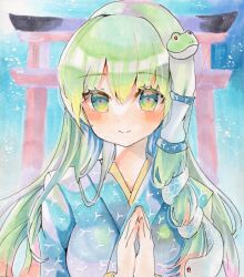 1girl blue_kimono blush_stickers breasts dot_nose facing_viewer frog_hair_ornament green_eyes green_hair hair_intakes hair_ornament hair_tubes highres japanese_clothes kimono kochiya_sanae long_hair long_sleeves looking_at_viewer medium_breasts own_hands_together patterned_clothing print_kimono single_hair_tube single_sidelock snake_hair_ornament solo torajirou_(toraneko_zirou) torii touhou traditional_media upper_body wide_sleeves