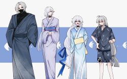 1boy 3girls alternate_costume arknights black_bodysuit black_choker black_mask blue_kimono blue_sash blue_shorts blush bodysuit braid choker commentary_request crossed_arms curtained_hair gladiia_(arknights) grey_hair hair_between_eyes hair_over_one_eye highres japanese_clothes kimono lace lace_choker long_hair long_sleeves mask mouth_mask multiple_girls obi one_eye_covered open_mouth pointy_ears red_eyes sash shorts skadi_(arknights) specter_(arknights) standing ulpianus_(arknights) white_hair wide_sleeves yellow_sash yunomi_(yunomi1129)