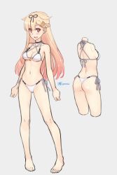 1girl alternate_costume anchor ass back bare_arms bare_shoulders bikini bikini_day black_ribbon blonde_hair blush breasts reference_sheet choker collarbone commentary cropped_arms cropped_legs dan_(kumadan) fang full_body gradient_hair grey_background hair_between_eyes hair_flaps hair_ornament hair_ribbon hairclip halterneck highleg highleg_bikini highres kantai_collection long_hair medium_breasts multicolored_hair multiple_views navel open_mouth red_eyes ribbon side-tie_bikini_bottom simple_background skindentation smile stomach string_bikini swimsuit torso twitter_username underboob very_long_hair white_bikini yuudachi_(kancolle)