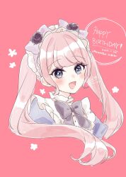 1girl :d blue_dress blue_eyes blush bow character_name character_request commentary_request cropped_torso dated dress grey_bow happy_birthday harapeko_shoujo_to_tantei_to highres long_hair looking_at_viewer open_mouth pink_background pink_hair puffy_sleeves purple_bow rino_cnc simple_background smile solo twintails upper_body very_long_hair