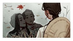 2boys artist_name autumn_leaves bai_wuxiang bandaged_neck bandages bare_tree black_eyes black_hair border braid brown_hair chinese_clothes closed_mouth different_reflection enilehtnorevol floating from_behind frown grass hand_on_another&#039;s_neck hanfu hashtag-only_commentary hat hat_on_back horror_(theme) leaf long_hair looking_at_reflection male_focus maple_leaf mask mask_on_head multiple_boys reflection reflective_water rice_hat single_braid smile tianguan_cifu tree white_border white_hanfu white_mask winter xie_lian