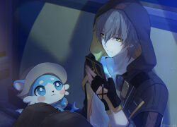 Rule 34 | 1boy, animal, animal ears, animal nose, artist name, black coat, black gloves, black pants, blue eyes, blue fur, brown hat, bubbles (honkai: star rail), caelus (honkai: star rail), cellphone, chimera (honkai: star rail), closed mouth, coat, collarbone, commentary request, couch, fingerless gloves, gloves, grey hair, hair between eyes, hand up, hat, highres, holding, holding phone, honkai: star rail, honkai (series), hood, hooded coat, indoors, lapels, long sleeves, looking at another, looking at phone, male focus, night, on couch, open clothes, open coat, open mouth, otter ears, pants, phone, rune (rne at), shadow, shirt, short hair, sitting, smartphone, t-shirt, tail, trailblazer (honkai: star rail), two-sided coat, two-sided fabric, white shirt, wings, yellow coat, yellow eyes