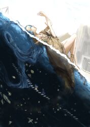1girl 37_(reverse:1999) absurdres afloat bare_legs blue_eyes blue_hair full_body geometry gold_choker greco-roman_clothes highres holding holding_shell jewelry kristina_agatha long_hair math necklace profile reverse:1999 shell very_long_hair water wet wet_clothes wet_hair