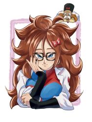 1boy 1girl android_21 blue_dress blue_eyes breasts brown_hair checkered_clothes checkered_dress closed_mouth coat d_norainu_b dr._gero_(dragon_ball) dragon_ball dragon_ball_fighterz dress glass lab_coat large_breasts long_hair looking_at_viewer red_dress simple_background smile solo_focus two-tone_dress upper_body white_background white_coat