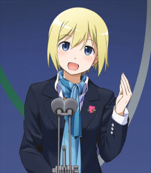 1girl :d blonde_hair blue_eyes blush emblem erica_hartmann female_focus formal_clothes heart long_sleeves microphone open_mouth scarf short_hair smile solo strike_witches suit world_witches_series youkan