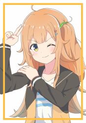 1girl bad_tag green_scrunchie hair_ornament hair_scrunchie hairpin hand_on_own_arm hand_up hibi_wa_sugiredo_meshi_umashi highres jacket light_blush light_smile long_hair multicolored_jacket multiple_hairpins ogawa_shinon one_eye_closed orange_eyes orange_hair salute scrunchie shirt solo striped_clothes striped_shirt t-shirt tama-hirose two-finger_salute two-tone_jacket white_background white_shirt