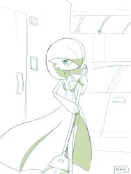absurdres artist_name bob_cut broom car door dress gardevoir gen_3_pokemon hair_over_one_eye highres hime_takeo holding holding_broom motor_vehicle nintendo pokemon pokemon_(creature) signature sweeping white_dress