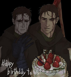2boys :d absurdres afraid_of_monsters axe axe_in_head birthday_cake black_eyes black_hoodie blood blood_from_forehead blood_on_face bloodshot_eyes brown_hair cake candle david_leatherhoff dual_persona empty_eyes english_text fire_axe food frown happy_birthday highres holding holding_cake holding_food hood hood_down hoodie incoming_gift ju-san looking_at_viewer multiple_boys open_mouth pale_skin scar scar_on_face smile strawberry_cake the_addiction_(afraid_of_monsters) turtleneck