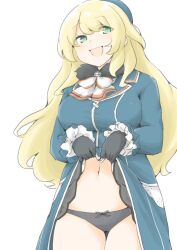 1girl akara_kai ascot atago_(kancolle) beret black_gloves black_panties black_skirt blonde_hair blue_hat blue_jacket blush breasts cowboy_shot fur_trim gloves green_eyes hat highres jacket kantai_collection large_breasts lifting_own_clothes long_hair long_sleeves looking_at_viewer military_uniform navel no_legwear open_mouth panties skirt smile tailcoat underwear white_background