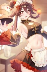 1girl blush boo_tao_(genshin_impact) breasts brown_hair brown_skirt brown_sleeves chinese_clothes crop_top diamond_cutout double_bun flower-shaped_pupils genshin_impact hair_between_eyes hair_bun hair_ribbon hairband highres hu_tao_(genshin_impact) long_hair long_sleeves looking_at_viewer medium_breasts midriff navel open_mouth puffy_sleeves red_eyes red_ribbon ribbon ruarua0819 skirt smile solo stomach symbol-shaped_pupils twintails very_long_hair white_hairband
