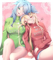 2girls absurdres blonde_hair blue_eyes blue_hair blue_shorts blush breasts commentary dragon_girl dragon_wings elira_pendora english_commentary fangs green_shirt head_wings heterochromia highres holding_hands large_breasts long_hair looking_at_viewer medium_breasts multiple_girls nijisanji nijisanji_en on_shoulder one_eye_closed open_mouth pointy_ears pomu_rainpuff red_eyes red_shirt shirt short_shorts shorts smile syxh text_print virtual_youtuber wings