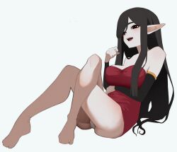 1girl :d anemoneeanemone arm_under_breasts ass bare_legs bare_shoulders barefoot black_eyes black_hair black_sleeves borrowed_character breasts crossed_legs dress feet full_body highres large_breasts legs licorice_(justadrian) long_hair long_pointy_ears long_sleeves open_mouth original pale_skin panties pointy_ears reclining red_dress short_dress sidelocks simple_background smile solo strapless strapless_dress underwear very_long_hair white_background white_panties