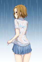 1girl absurdres blue_background blue_bra blue_skirt blush bra bra_visible_through_clothes brown_eyes brown_hair gradient_background hairband highres k-on! looking_at_viewer looking_back medium_hair pleated_skirt rain school_uniform see-through_clothes shirt skirt solo tainaka_ritsu underwear wet wet_clothes white_background white_shirt yasuc yellow_hairband