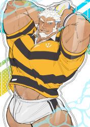 Rule 34 | 1boy, absurdres, aegir (housamo), arms behind head, arms up, ball, bara, beard, blue eyes, blush, bulge, cowboy shot, facial hair, grin, highres, looking to the side, male focus, muscular, muscular male, mustache stubble, one eye closed, pontaro, pubic hair, pubic hair peek, rugby ball, rugby uniform, sharp teeth, shirt, short shorts, shorts, smile, solo, sportswear, striped clothes, striped shirt, stubble, sweat, teeth, thick eyebrows, tokyo houkago summoners, veins, veiny arms, white hair, white shorts