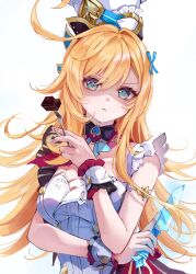 1girl absurdres apron bare_shoulders blonde_hair blue_eyes breasts cowlick escoffier_(genshin_impact) fork genshin_impact hair_intakes hair_ornament hat highres holding holding_fork holding_knife knife long_hair looking_at_viewer medium_breasts parted_lips ryuna_(inc_moon) simple_background solo upper_body very_long_hair white_apron white_background white_hat wrist_cuffs