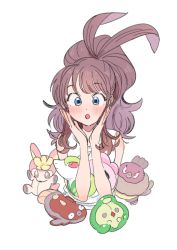1girl :o antenna_hair blue_eyes blush brown_hair character_doll deerling duosion eyelashes gen_5_pokemon hagetapo hands_up high_ponytail hilda_(pokemon) long_hair nintendo open_mouth pokemon pokemon_(creature) pokemon_bw ponytail serperior shirt sidelocks simple_background sleeveless sleeveless_shirt stunfisk vullaby white_background white_shirt