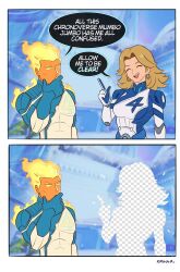 1boy 1girl blonde_hair blue_bodysuit bodysuit breasts brother_and_sister closed_eyes earrings fantastic_four highres hoop_earrings jewelry johnny_storm long_hair marvel marvel_rivals multicolored_bodysuit muscular muscular_male pun siblings smgold smile speech_bubble sue_storm superhero_costume two-tone_bodysuit white_bodysuit