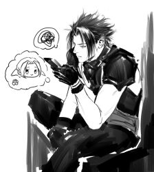 1boy 1girl aerith_gainsborough armor chibi chibi_inset closed_mouth crisis_core_final_fantasy_vii feet_out_of_frame final_fantasy final_fantasy_vii flower gx8439440115311 hair_ribbon highres looking_at_phone male_focus monochrome pants parted_bangs phone ribbon short_hair shoulder_armor sitting sketch sleeveless sleeveless_turtleneck smile spiked_hair spoken_character spoken_squiggle squiggle sweater turtleneck turtleneck_sweater zack_fair
