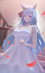 1girl animal_ears bare_arms blush breasts bride cleavage commentary_request dress ear_ornament falling_petals highres hikari_(hikaripauwa) horse_ears horse_girl jewelry large_breasts long_hair looking_at_viewer mejiro_ardan_(umamusume) open_mouth petals purple_eyes red_petals ring see-through_clothes see-through_veil smile solo stairs strapless strapless_dress umamusume veil wedding_dress wedding_ring white_dress