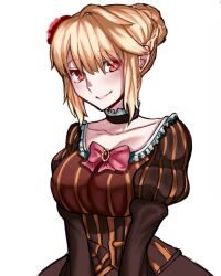 1girl arcueid_brunestud beatrice_(umineko) beatrice_(umineko)_(cosplay) belaweb123 blonde_hair blush breasts brown_dress commentary cosplay dress english_commentary flower hair_flower hair_ornament highres long_dress looking_at_viewer red_eyes smile tsukihime tsukihime_(remake) umineko_no_naku_koro_ni