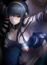 1girl 2boys bar_censor black_dress black_hair breasts censored cleavage clenched_teeth clothed_female_nude_male commentary_request dress erection flower gold_hairband group_sex hair_flower hair_ornament hairband hetero highres large_breasts large_variant_set long_hair looking_at_viewer mmf_threesome multiple_boys nipples nude onigirikun paid_reward_available penis rape red_eyes restrained rose solo_focus spy_x_family sweat teeth threesome torn_clothes torn_dress variant_set yor_briar