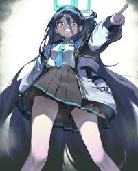 Rule 34 | 1girl, absurdly long hair, absurdres, aqua halo, aris (blue archive), black hair, blue archive, blue eyes, blue necktie, from below, grin, hair between eyes, hairband, halo, highres, jacket, long hair, long hair between eyes, long sleeves, looking down, necktie, one side up, rectangular halo, shirt, skirt, smile, solo, very long hair, white shirt, yongkak