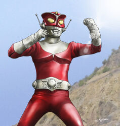 1boy alien antennae blue_sky bush day dias_(tajima_kouki) fighting_stance gloves glowing glowing_eyes kaijin lens_flare mountain no_humans no_pupils redman redman_(character) seijin sky sun superhero_costume tree tsuburaya_productions yellow_eyes