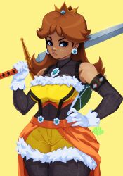 Rule 34 | 1girl, adapted costume, bare shoulders, breasts, brown hair, dark skin, gloves, highres, jewelry, leggings, long hair, mario (series), medium breasts, necklace, nintendo, princess daisy, shorts, solo, sword, tovio rogers, weapon, weapon on back, white gloves, yellow shorts