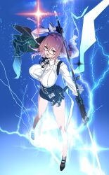 1girl absurdres aritsuno black_gloves black_skirt breasts collared_shirt full_body gloves high-waist_skirt highres holding holding_polearm holding_weapon large_breasts lightning long_sleeves naginata open_mouth pencil_skirt pink_eyes pink_hair polearm ring_hair_ornament shirt skirt solo tsukishiro_yanagi weapon white_shirt zenless_zone_zero