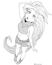 1girl :o absurdres bracelet breasts commentary_request crop_top from_above greyscale highres jewelry league_of_legends looking_up midriff mishislover monochrome navel open-toe_shoes open_mouth short_shorts shorts small_breasts solo spanish_commentary turtleneck twitter_username zoe_(league_of_legends)