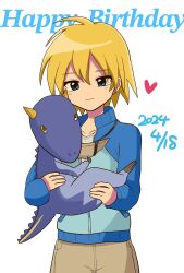 Rule 34 | ace (dinosaur king), blue eyes, dinosaur king, heart, highres, horns, jacket, rex owen, simple background, tail, white background, yellow eyes