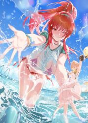 Rule 34 | 2girls, bent over, bikini, blonde hair, blue sky, breasts, choppy bangs, cloud, commentary request, day, elegg (boom and shock) (nikke), elegg (nikke), floating hair, foreshortening, goddess of victory: nikke, green sleeves, grin, large breasts, long hair, looking at viewer, multiple girls, ocean, ohland, one eye closed, outdoors, ponytail, rapi (nikke), reaching, reaching towards viewer, red bikini, red eyes, red hair, see-through clothes, see-through shirt, shirt, short hair, short sleeves, side-tie bikini bottom, sky, slingshot swimsuit, smile, sparkle, splashing, string bikini, sunlight, swimsuit, wading, water, wet, wet clothes, wet shirt, white shirt, yellow slingshot swimsuit