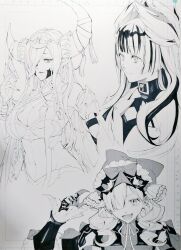 3girls armor asymmetrical_horns bare_shoulders breasts dragon_girl dragon_horns drill_hair fire_emblem fire_emblem_engage frilled_headwear greyscale hair_over_one_eye horns konnichi_warou large_breasts marni_(fire_emblem) monochrome multicolored_hair multiple_girls nintendo split-color_hair uneven_horns veyle_(fire_emblem) zephia_(fire_emblem)