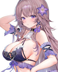 1girl alternate_breast_size alternate_costume arm_up ascot bare_shoulders bikini blush breasts brown_hair commentary cropped flower hair_flower hair_ornament hair_ribbon halterneck herta_(honkai:_star_rail) highres honkai:_star_rail honkai_(series) jewelry key key_necklace large_breasts long_hair looking_at_viewer machi_(machi0910) necklace parted_lips purple_bikini purple_eyes purple_flower purple_ribbon ribbon simple_background solo swimsuit the_herta_(honkai:_star_rail) twitter_username unfinished upper_body wet white_ascot white_background